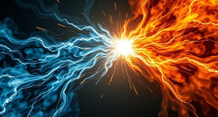 Two forces of light clashing with another.